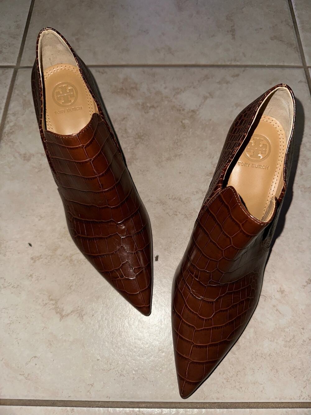 Tory Burch Georgina Brown Croc Embossed Pointed Toe Booties Women’s 8M
